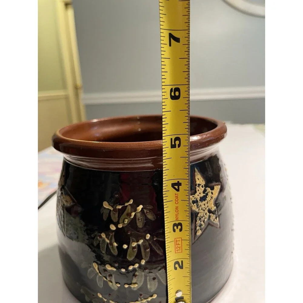 Eldreth Pottery Redware Crock Hand Painted Christmas Tree Stars Signed Folk Art